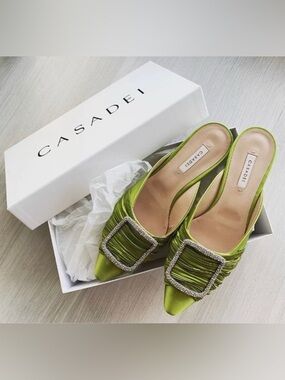 Casadei Green Satin Pointed Toe Mules with Crystal Buckle